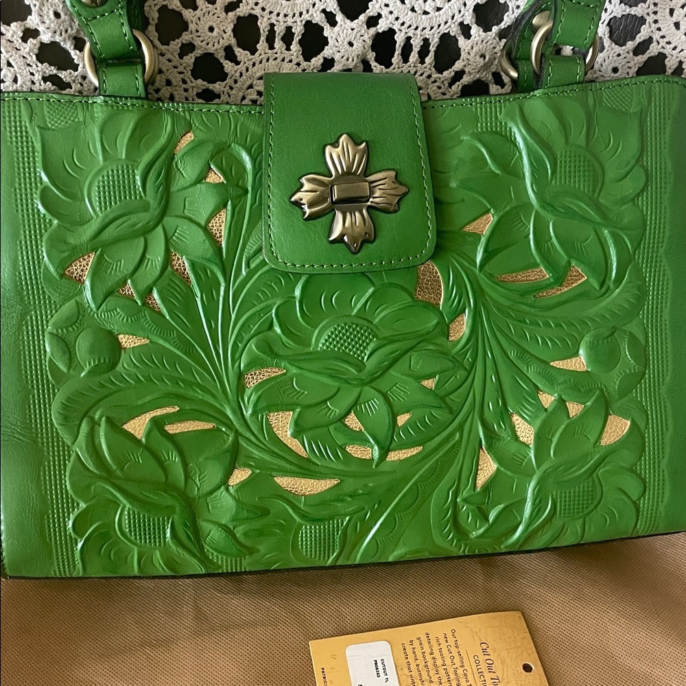 Patricia Nash Green Tooled Leather Floral Tote with Gold Accents - Picture 11 of 11